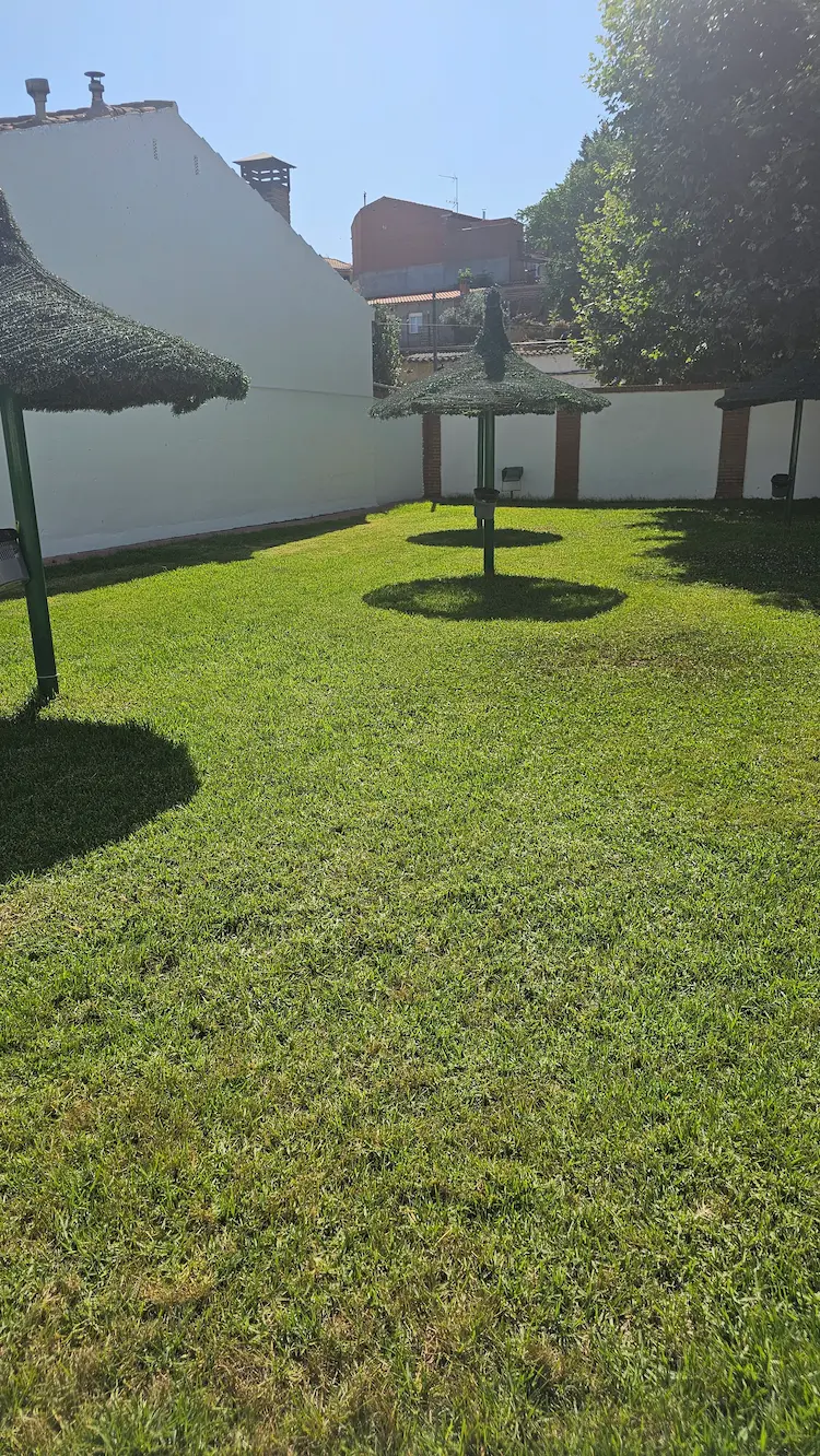 Zona verde con sombrillas de la piscina municipal de Los Navalmorales ideal para descansar a la sombra.