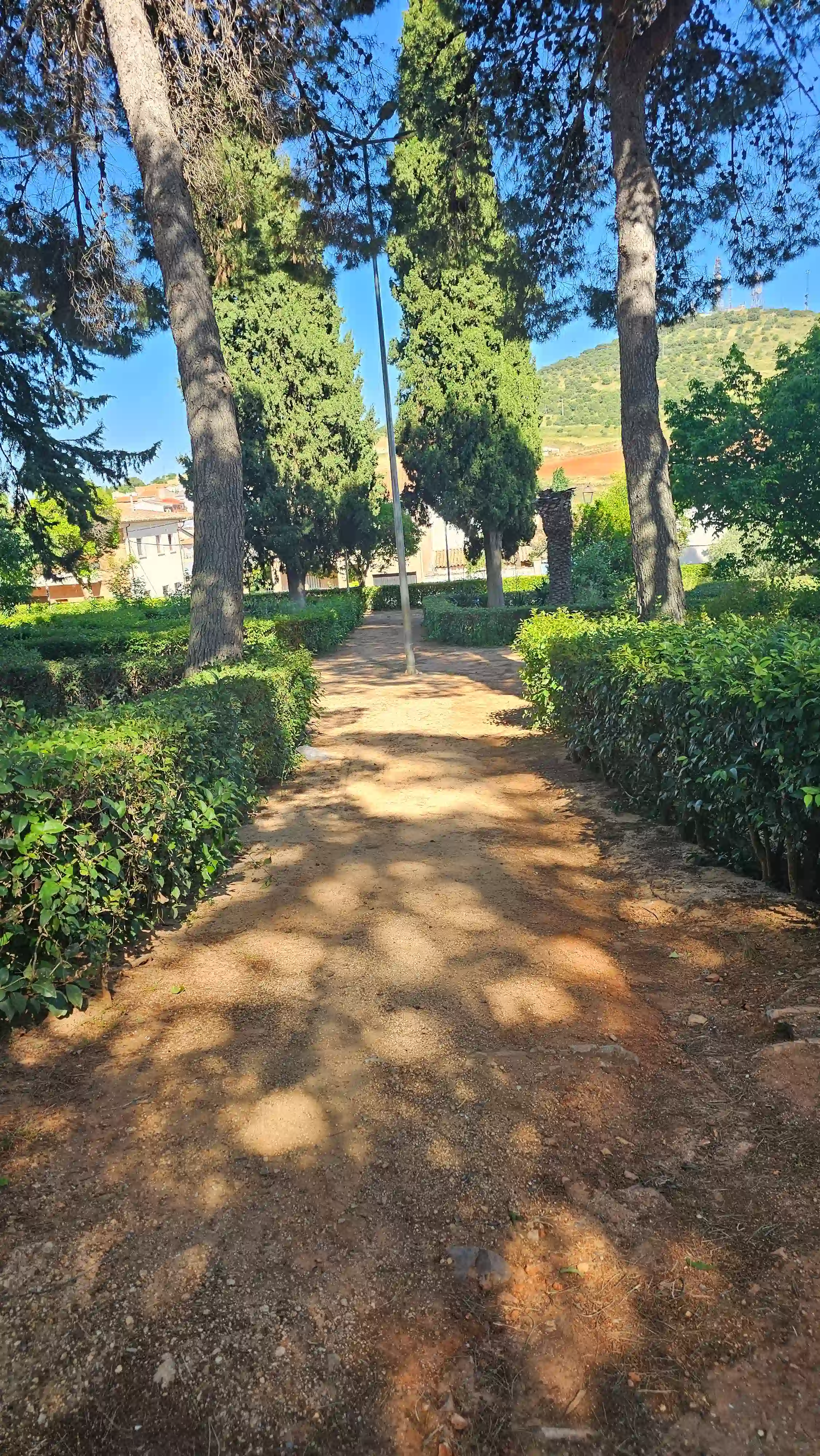 Camino con bancos y rosales rodeado de vegetación en el parque de Los Navalmorales