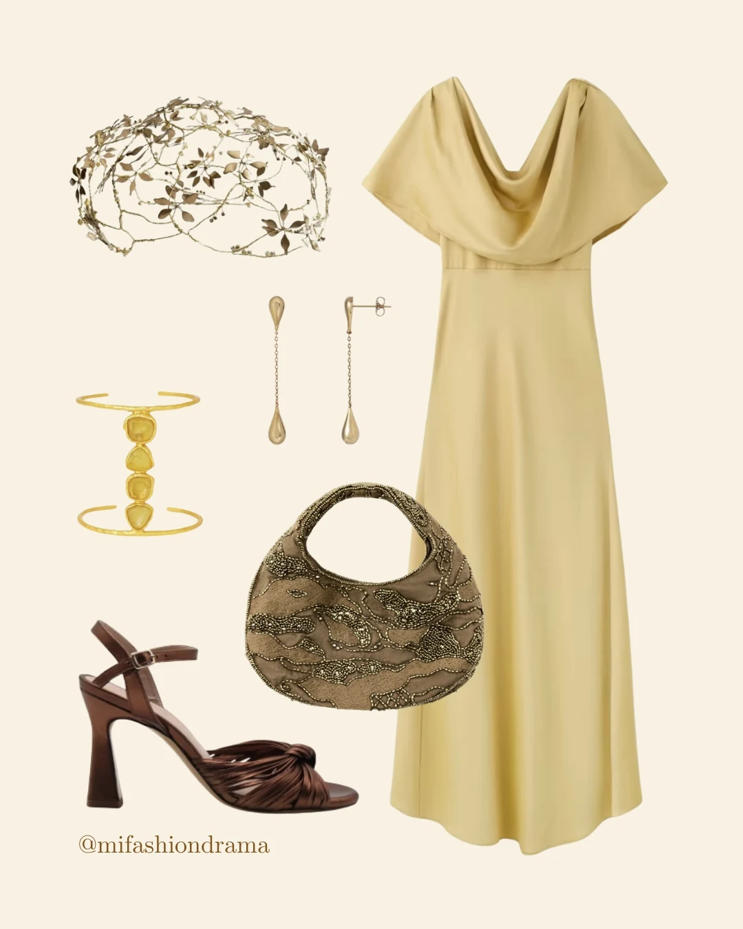 Moodboard de estilismo de invitada con vestido amarillo, casquette joya y accesorios dorados